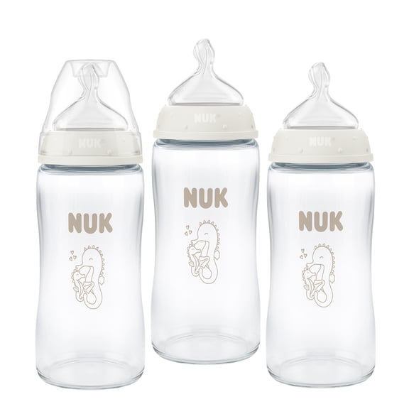 Biberon pour bébé NUK First Choice, 3+ mois, 240 ml, biberon anti-coliques, verre, indicateur de contrôle de la température, hippocampe, 3 pièces