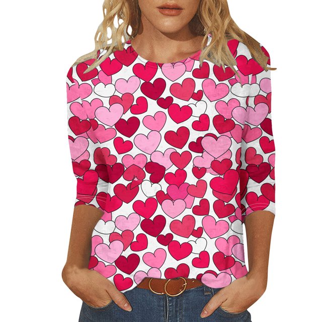 Penkiiy Chemises de la Saint-Valentin pour Femmes Décontractées Manches 3/4 Col Rond Blouses Imprimé Mignon Tuniques Tops 2025 2TG Multicolore