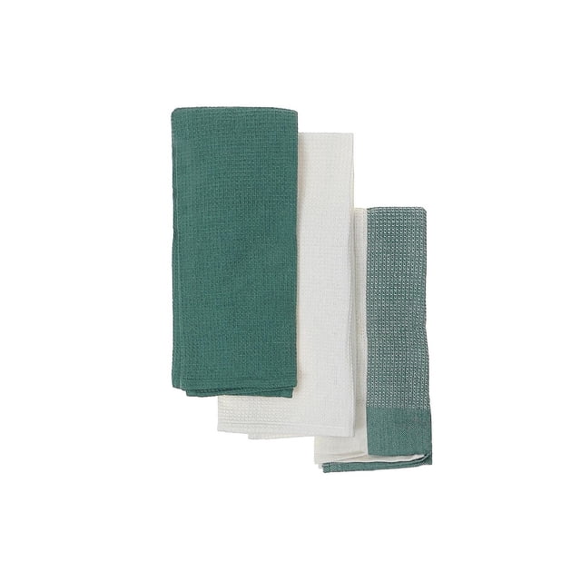 Kitchen Towel Set Of 3 PCs Block Print Waffle Green showing three folded cotton towels in green and white waffle texture, highly absorbent and quick-drying, suitable for kitchen linens and dishcloths, often used for drying dishes or wiping surfaces.