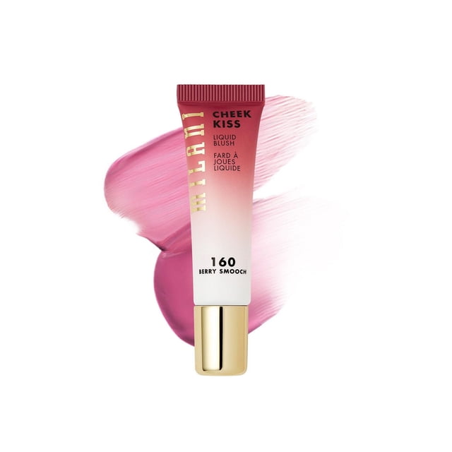 Milani Cheek Kiss Liquid Blush in shade 160 Berry Smooch, a small gradient pink to white tube with gold cap, shown with pink liquid blush swatches behind it, featuring an ultra-blendable, buildable, lightweight formula ideal for cheeks and lips.