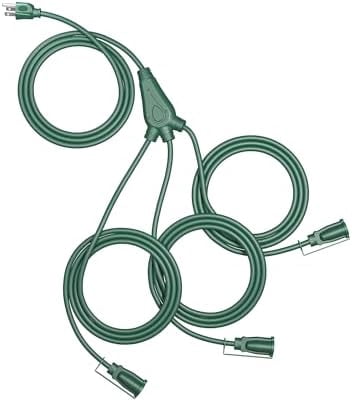 25Ft Halloween Outdoor Extension Cord Multiple Outlets, Evenly Spaced 3 Outlets Plugs with Safety Cover, 16/3 SJTW Weatherproof Wire for Outdoor Lights and Holiday Decorations Green 25 FT