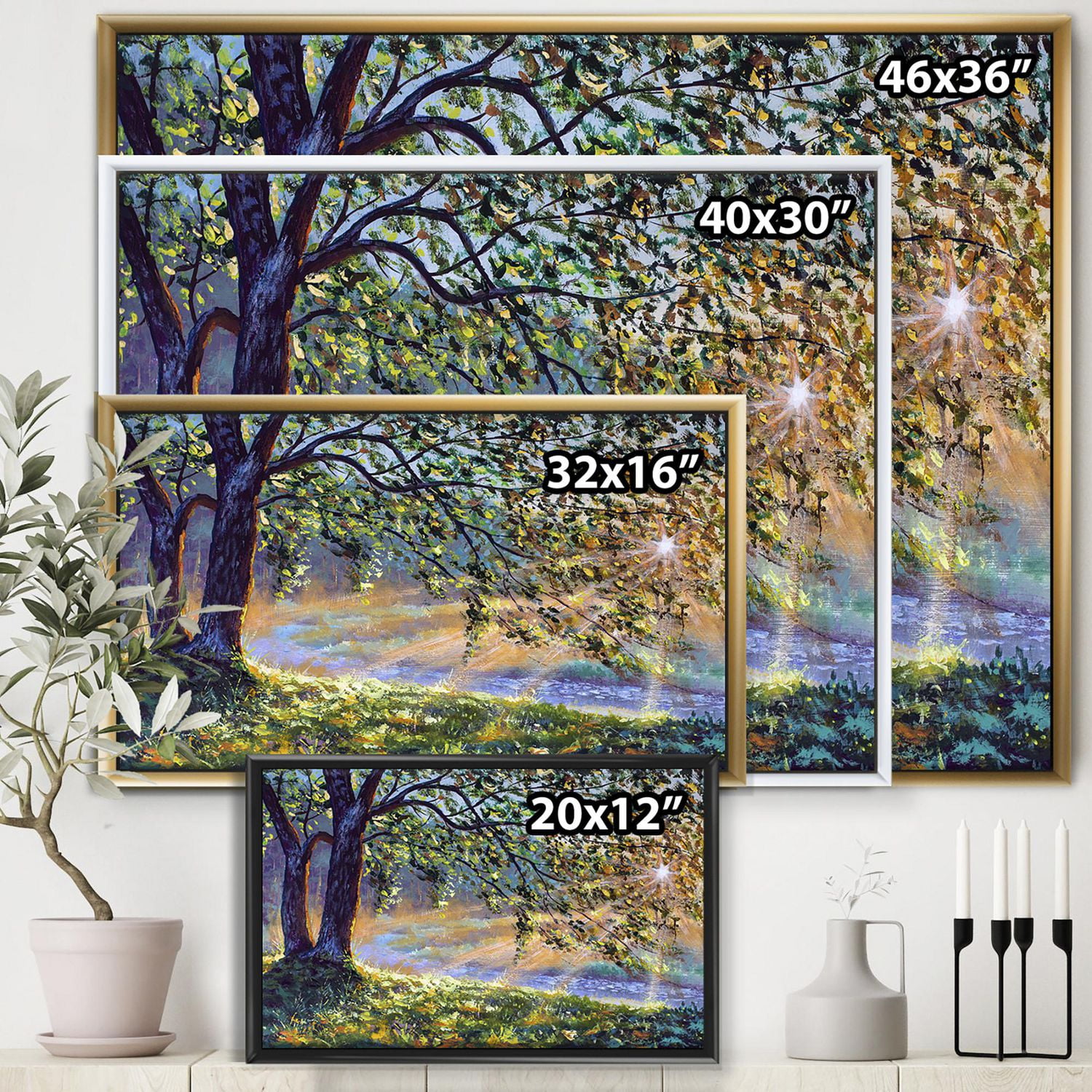 Designart Arbre au bord de la rivière Premiers rayons du soleil de l'après-midi ART MURAL À CADRE FLOTTÉ