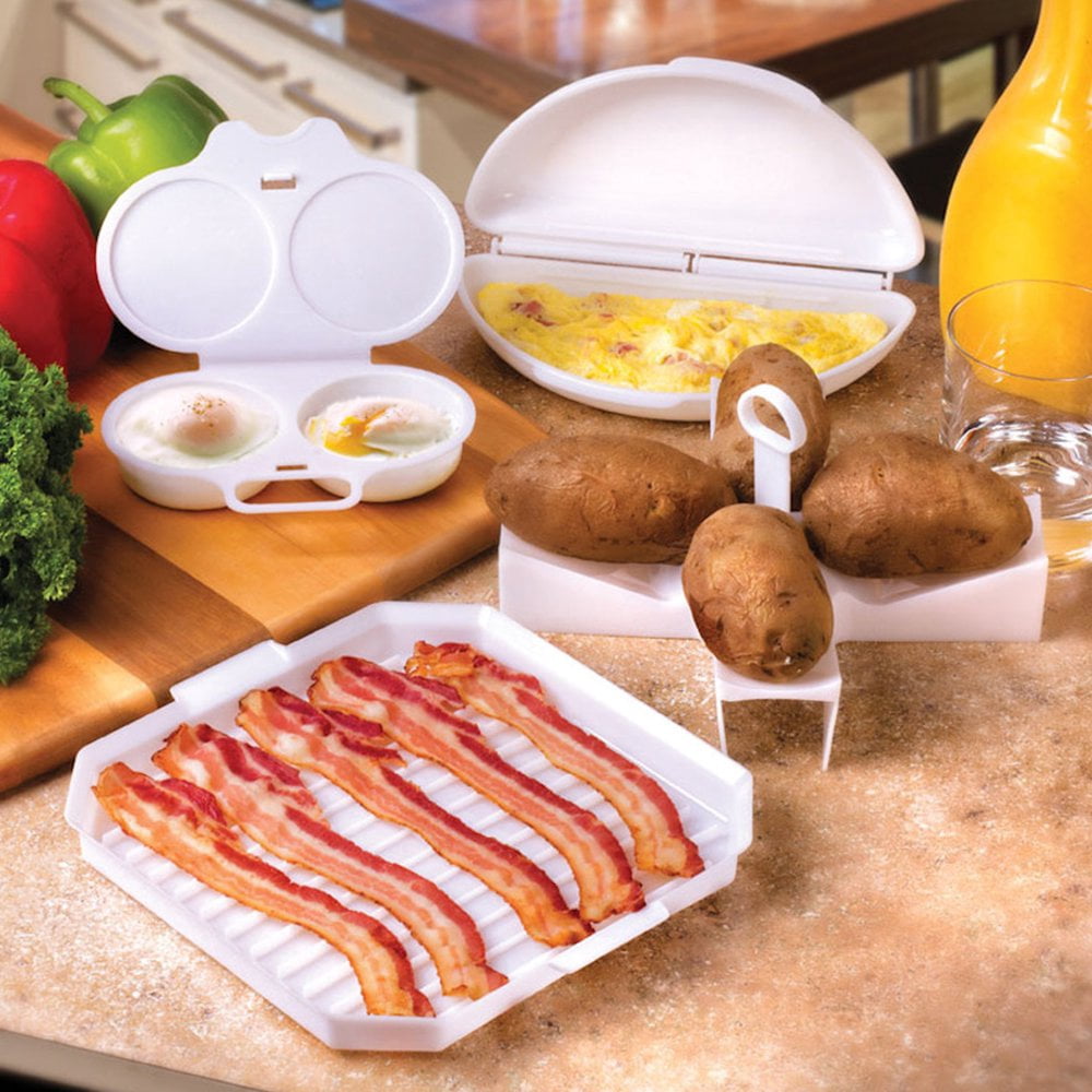 POINTERTECK 4Pcs Microwave Cooking Set Heat Resistant Dishwasher Safe Microwave Oven Cookware Set with Bacon Baking Plate Egg Steamer Fried Egg Box Potato Rack for Home Kitchen BPA Free