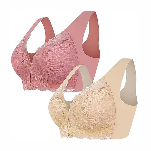 Tumotour 2PC Front Closure Bra for Women No Underwire Comfort Lace Wide Shoulder Strap Bra Full Coverage Seamless Soft Convenient Front Button Bras for Senior Everyday Life Sleep Walking Work