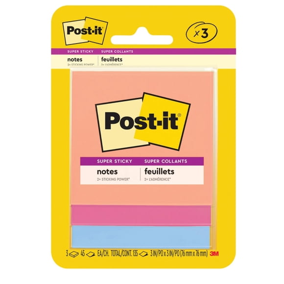 Post-it® Super Sticky Notes 3321-SSJOY, Summer Joy Collection, 3 in x 3 in (76 mm x 76 mm), 3 Pads/Pack, 45 Sheets/Pad