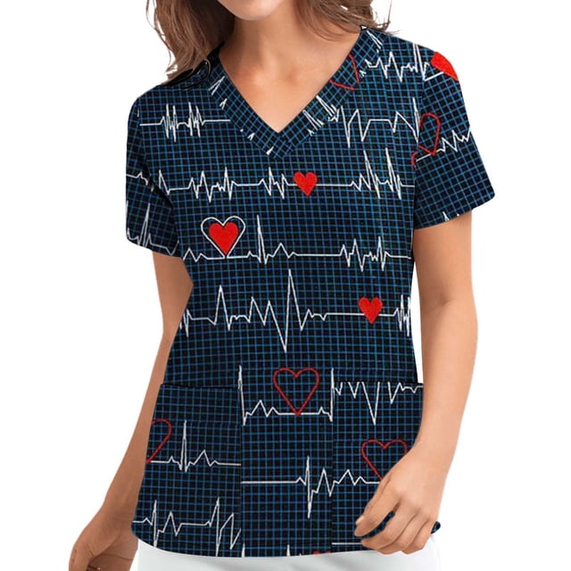 EGNMCR Hauts de Sarrau Femmes Blouse pour Femmes Uniforme de Travail pour Femmes Vêtements Imprimé Col en V Manches Courtes Hauts avec Poche