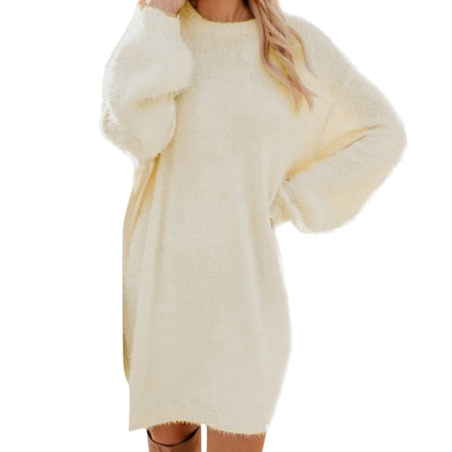 jovati Robe Chandail pour Femmes à Manches Longues Femmes Chandail d'Hiver Tricot Col Roulé Chaud à Manches Longues avec Poche Mini Robe Chandail