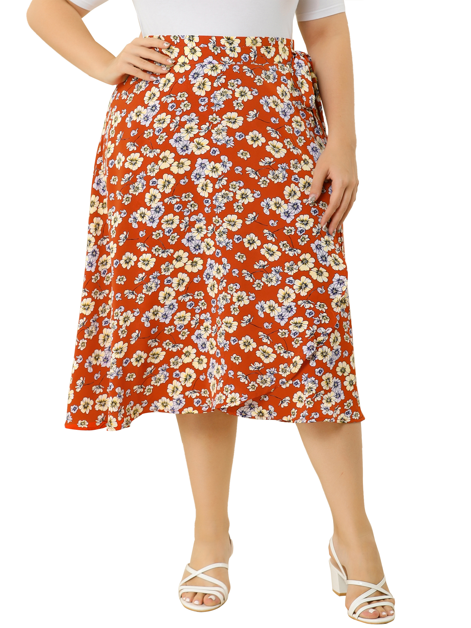 Unique Bargains Women's Plus Summer A Line Ruffled Hem Wrap Midi Skirt