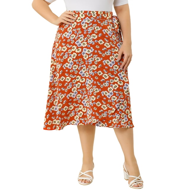 Unique Bargains Jupe Midi Portefeuille d'Été pour Femme Grande Taille, Ligne A, Ourlet à Volants