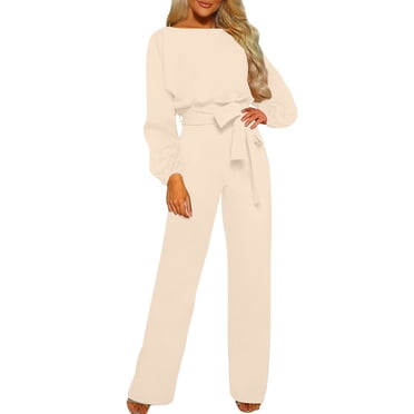 JMYHOAM Combinaisons pour Femmes, Combinaison à Manches Longues à Col Rond pour Femmes d'Automne/hiver de Couleur Unie avec Ceinture, Combinaisons, Barboteuses et Salopettes pour Femmes, Beige G