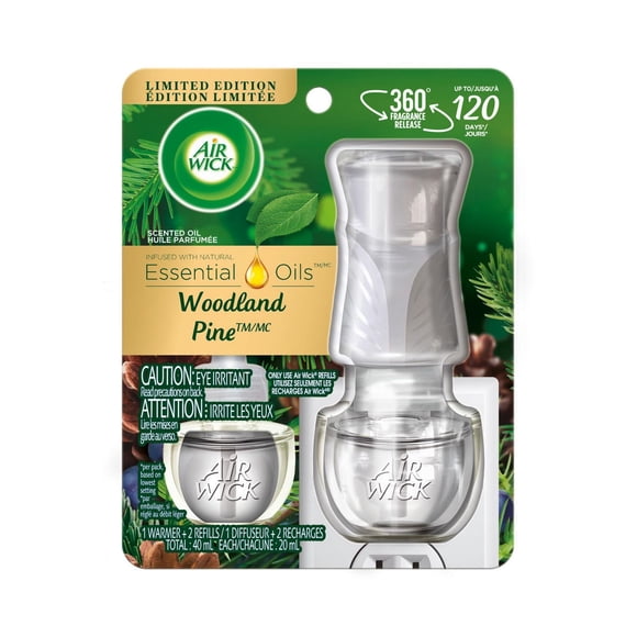 Air Wick Plug In Scented Oil Kit, Woodland Pine, 1 Warmer + 2 Refills