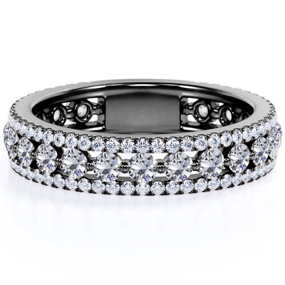 JeenMata Double Pavé - Moissanite Ronde Taille Brillant de 0,75 Carat - Bague d'Anniversaire Éternité - Placage Or Noir 18K pour Femmes