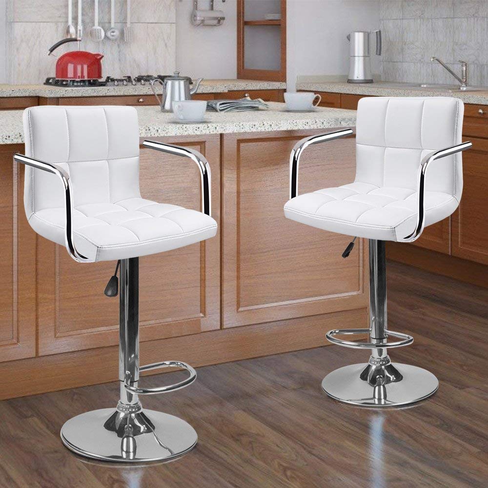 2 Swivel Bar Stool w/ Arm PU Leather Modern Adjustable Hydraulic Barstool (White)