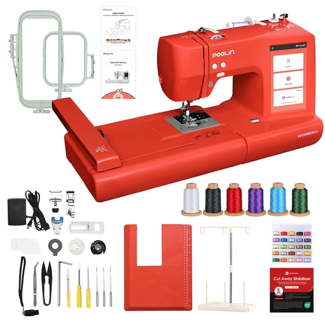 Poolin EOC05RE(2en1) Machine à Coudre et à Broder Informatisée à Fini Rouge Vif, Dotée d'Un Écran Tactile Couleur de 7 Pouces et d'Une Connectivité LAN Sans Fil. la Machine Comprend 154 Modèles Intégrés, 206 Points de Couture, 8 Polices de Lettrage et 10 options de Langue. des Accessoires Tels Que Deux Anneaux à Broder (4x9.25 Pouces et 4x4 Pouces), des Bobines de Fil, un Stabilisateur à Découpe et Divers Outils de Couture Sont Présentés aux Côtés de la Machine. Idéale pour les Pass
