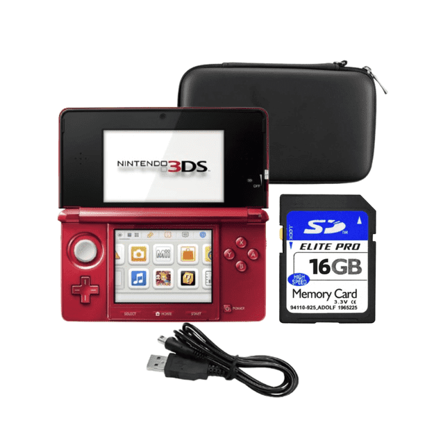 Nintendo 3DS Handheld Game Console Flame Red Bundle with Carrying Case & 16GB SD Card (Refurbished)