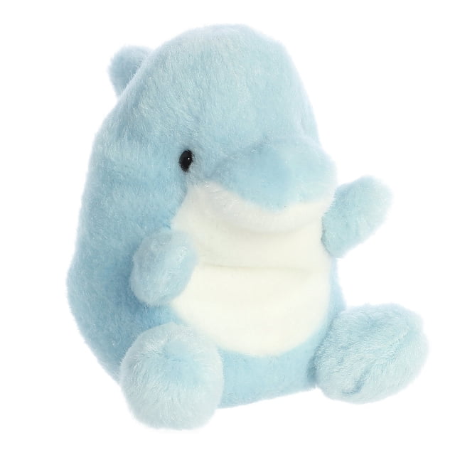 Aurora Palm Pals - Clicks Dolphin 5-inch plush toy in a soft light blue color with a white belly. Made from high-quality materials for a fluffy touch, it features bean pellets for stability and is suitable for all ages. Ideal as a cuddly companion or for ASMR and bedtime storytelling.
