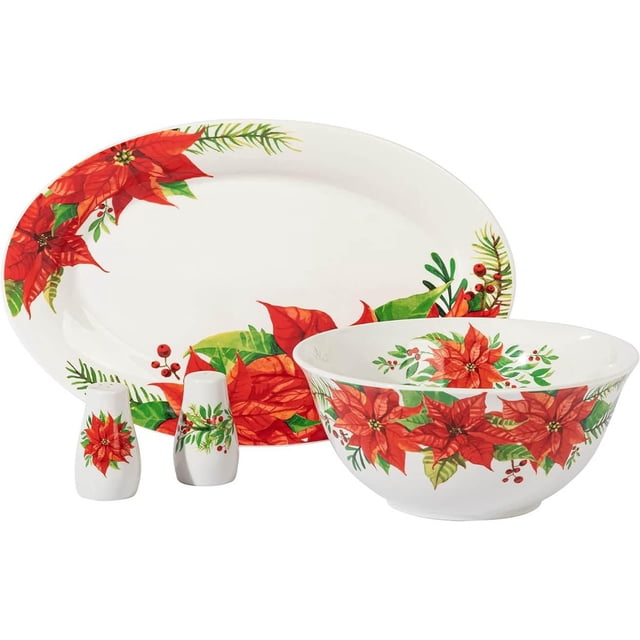 Gibson Home Magic Poinsettia 4 Piece Serving & Accessories Set in fine ceramic with glossy finish, featuring red poinsettia and green foliage patterns on an oval platter, serving bowl, and salt and pepper shakers, suitable for holiday and everyday entertaining.