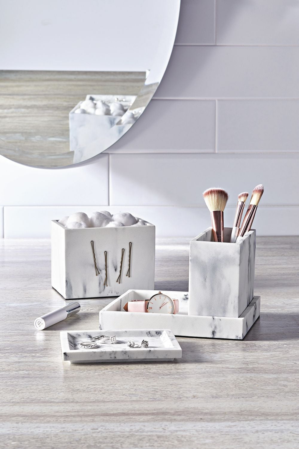 hometrends Ensemble de 4 organisateurs de meuble-lavabo en faux marbre avec côté magnétique, organisateur de meuble-lavabo en grès