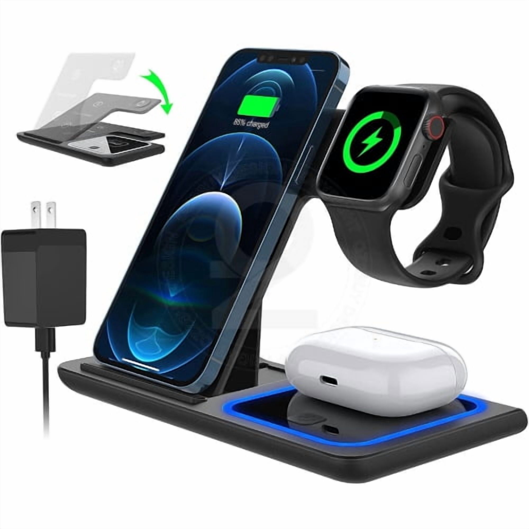 Chargeur sans fil 4-en-1 (Noir) Station de charge rapide pliable compatible avec les téléphones Apple et Samsung, montres intelligentes et AirPods pour la maison et le bureau (prise murale incluse couleur blanche)