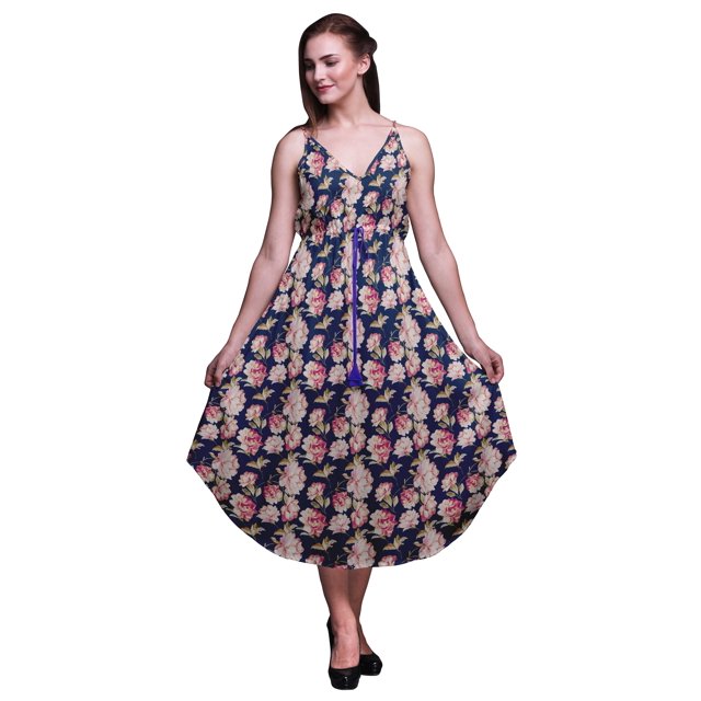 Bimba Robe de Plage Bohème Sans Manches Midi à Bretelles Imprimée Florale pour Femme - X-Grand