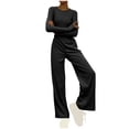 thumbnail image 1 of Timegard Lounge Outfits for Women Long Sleeve Round Neck Solid Color Cropped Tops Elastic Waist Wide Leg Pants Sets, 1 of 6