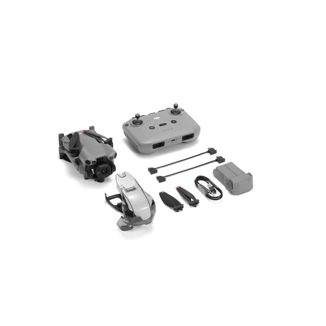 DJI Mini 5 Pro drone kit with folded gray drone featuring a 1-inch CMOS camera, gray remote controller with dual joysticks, transparent gimbal protector, two spare propellers, two connection cables, USB charging cable, and gray battery pack on white background, suitable for aerial photography and videography.