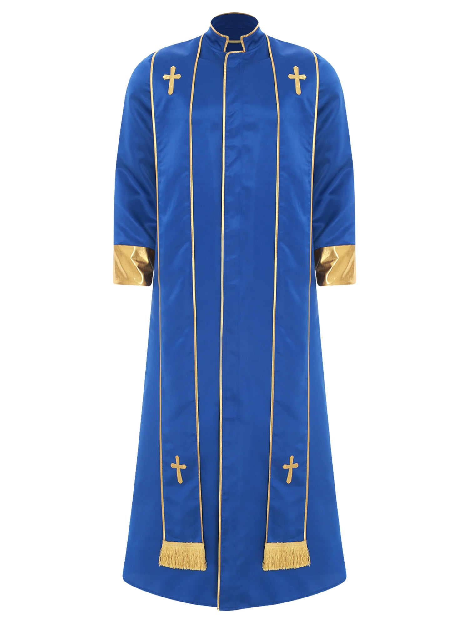 RUNQHUI Men's Priest Robe With Gold Trim And Cross Front Zip Closure For Church Worship And Cosplay Royal Blue M