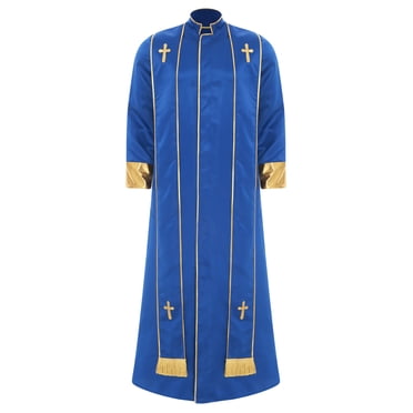 RUNQHUI Men's Priest Robe With Gold Trim And Cross Front Zip Closure For Church Worship And Cosplay Royal Blue M