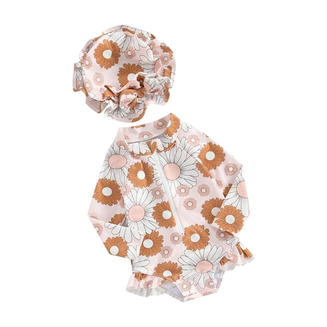 FAROOT Baby Girl Bathing Suit Set with a long sleeve zip-up rash guard swimsuit and matching daisy print sun hat. The pink swimsuit features a daisy pattern and frill trim on the shorts, offering sun protection and comfort. Designed for infant and toddler girls, suitable for ages 6 months to 3 years. Made of 95% polyester and 5% elastane for a soft, breathable texture. Perfect for beach outings, swimming pools, water parks, and other water activities.