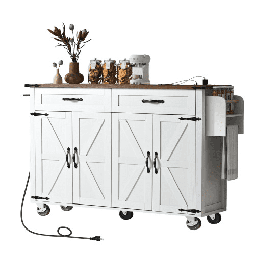 Homy Casa 53 Inch Farmhouse Style Kitchen Island with Power Outlet, Foldable Countertop, Spice Rack, Drawers, and Wheels – White