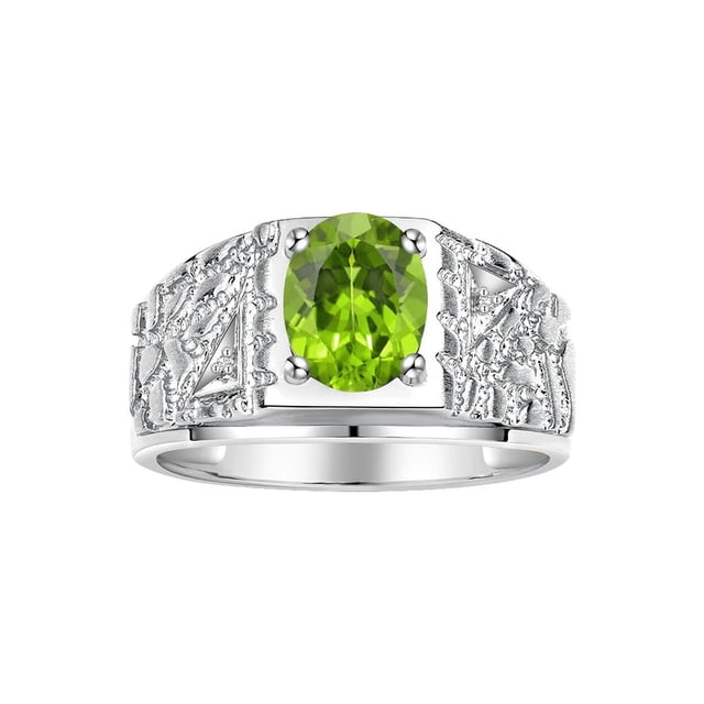 RYLOS Men's Rings Sterling Silver Designer Nugget Ring Oval 9X7MM Gemstone & Diamonds Peridot August Birthstone Rings For Man Size 10