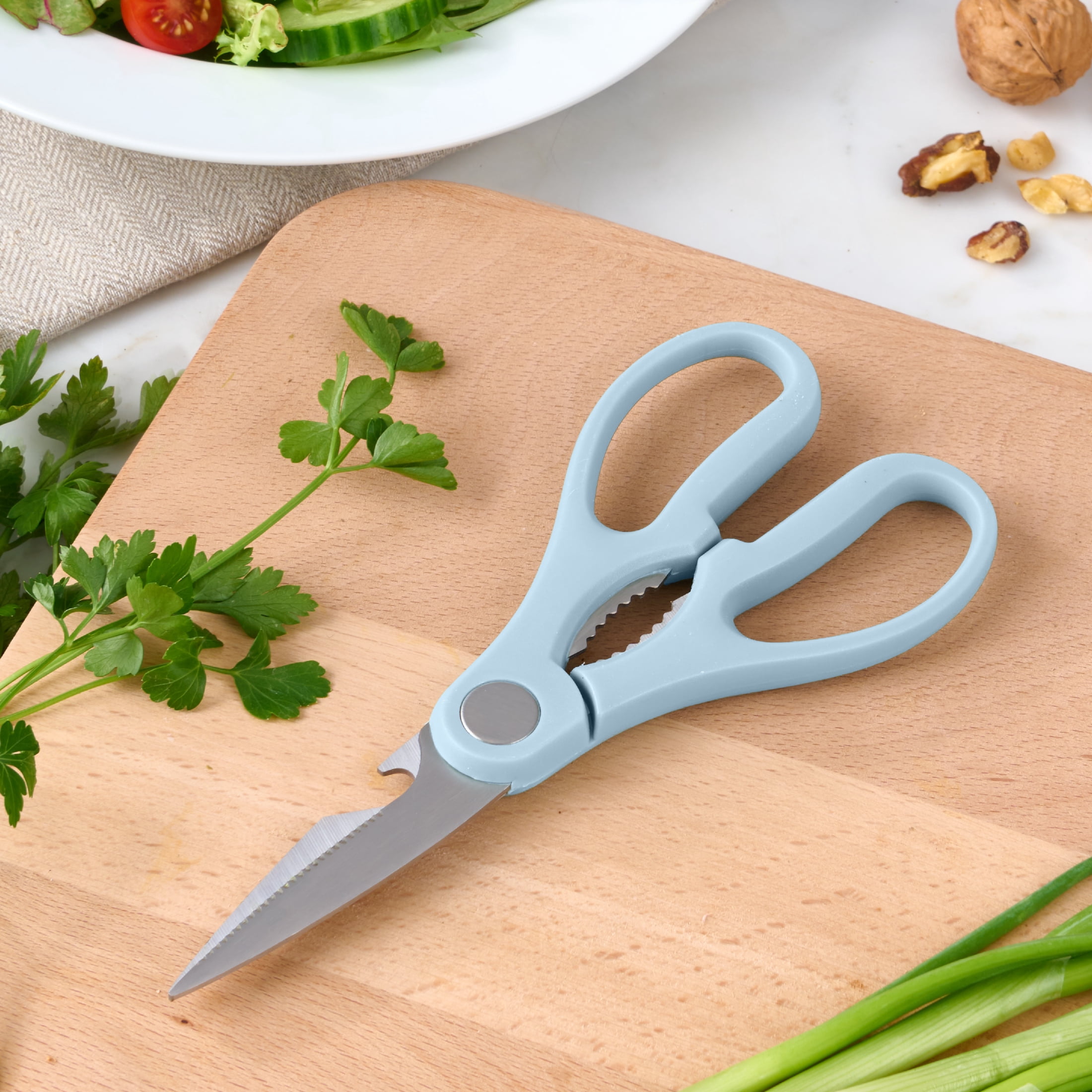 Ciseaux de cuisine Mainstays avec lames en acier inoxydable, décapsuleur et casse-noix intégrés, 19 cm, Bleu