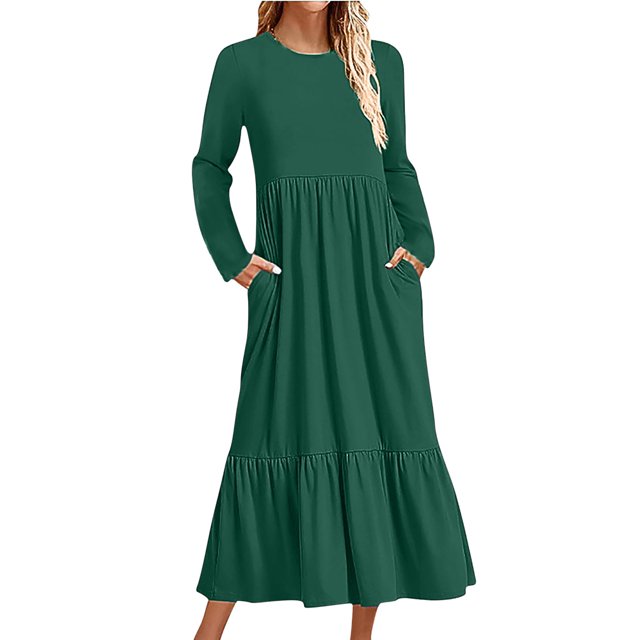Penkiiy Robe Décontractée pour Femme à Manches Longues, Col Ras du Cou, Coupe Évasée, Robe Longue Fluide à Étages pour la Plage avec Poches, P Vert