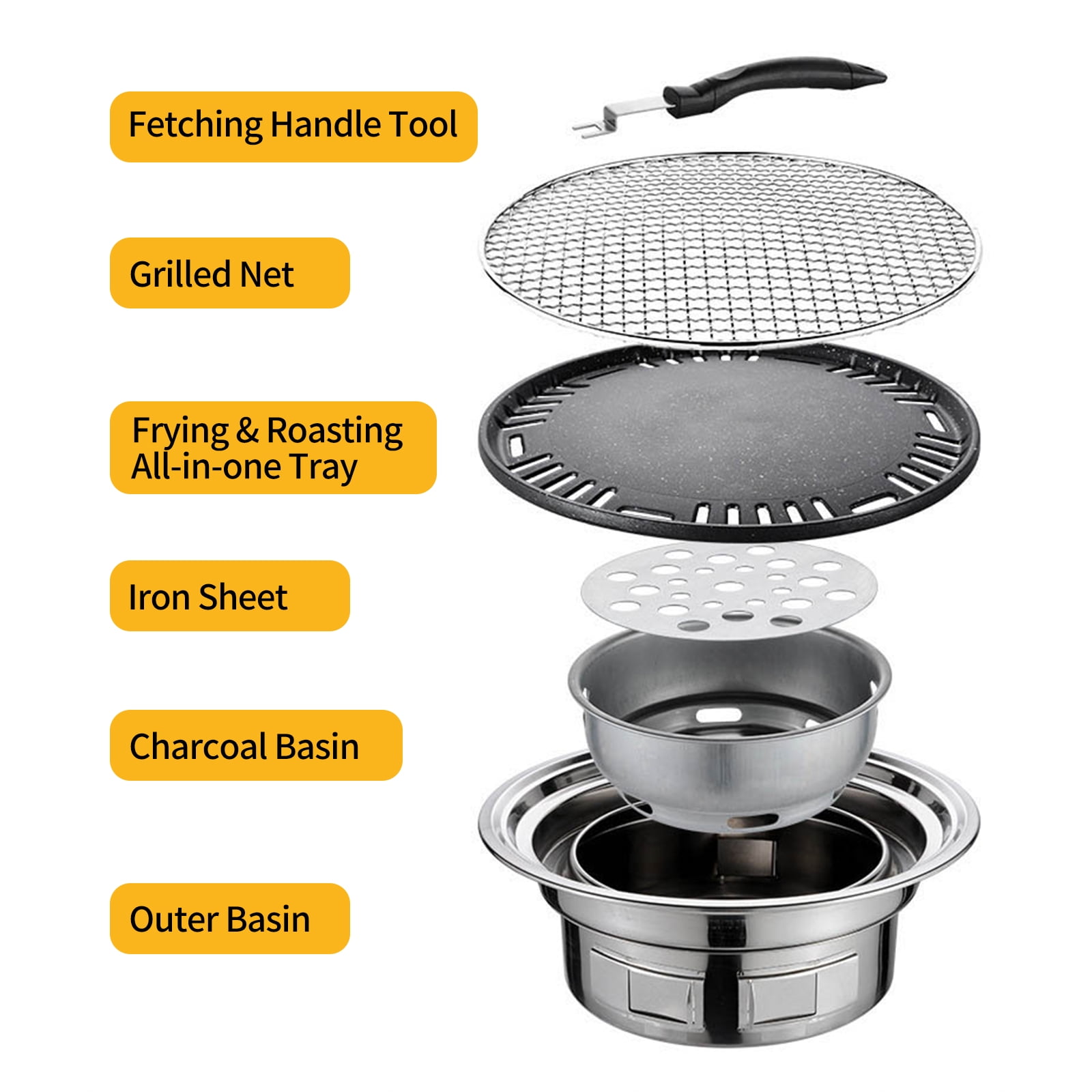 13 Inch Korean BBQ Grill Multifunctional Charcoal Barbecue Grill Round Camping Grill Tabletop Smoker Grill Grilled Net & Tray for Courtyard Picnic Beach BBQ