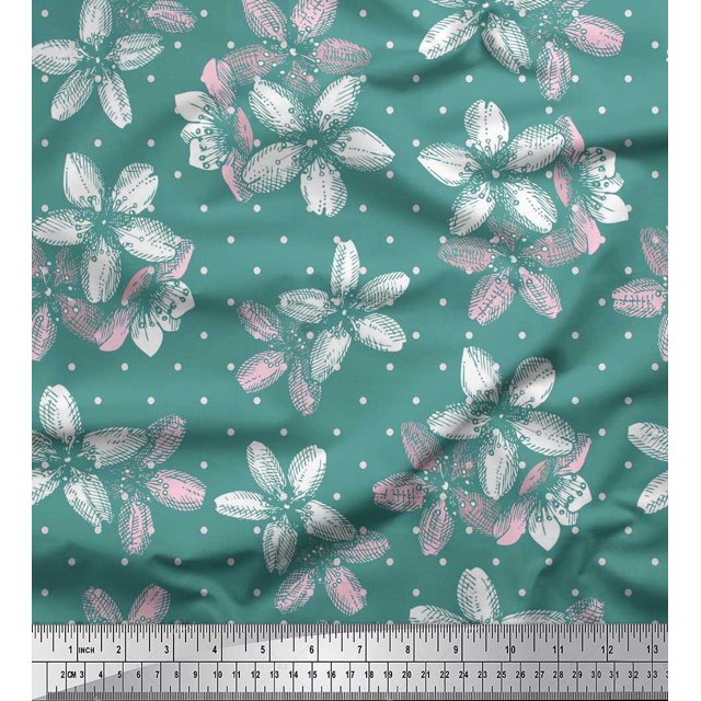 Soimoi Blue Cotton Poplin Fabric Dot & Floral Decor Fabric Printed BTY 56 Inch Wide