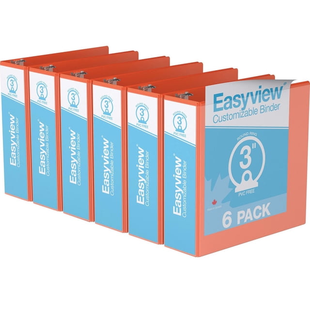 Davis Group Easyview Premium Round Ring Customizable View Binder 6 Pack 3 inch with six orange binders featuring clear overlays on front, spine, and back covers, PVC-free polypropylene material, back-mounted round rings for flat page viewing, made in Canada, suitable for organizing manuals and reports.