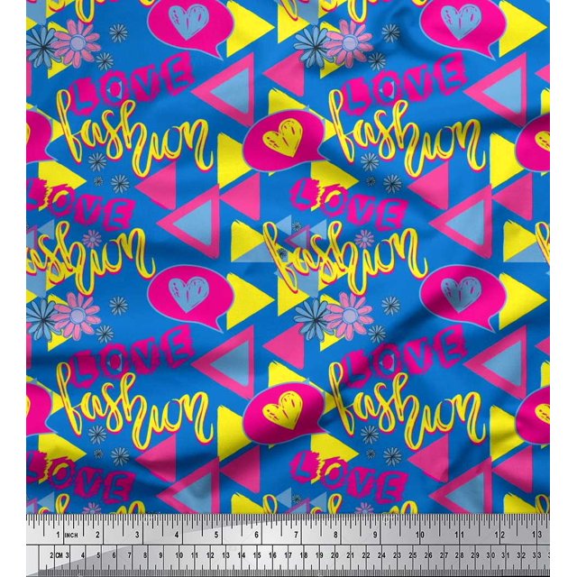 Soimoi Blue Viscose Chiffon Fabric Text,Heart & Triangle Geometric Print Fabric by Yard 42 Inch Wide