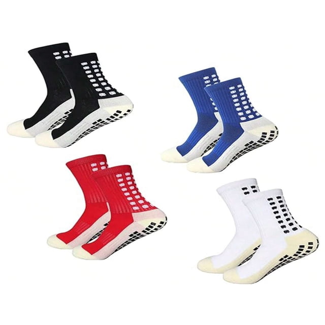 JUNWELL 4 Pairs Men’s Soccer Socks with anti-slip grip pads, ideal for football, basketball, and team sports. Available in multicolour options: black, blue, red, and white. Crafted from 100% polyamide fabric for durability and comfort during intense activities.