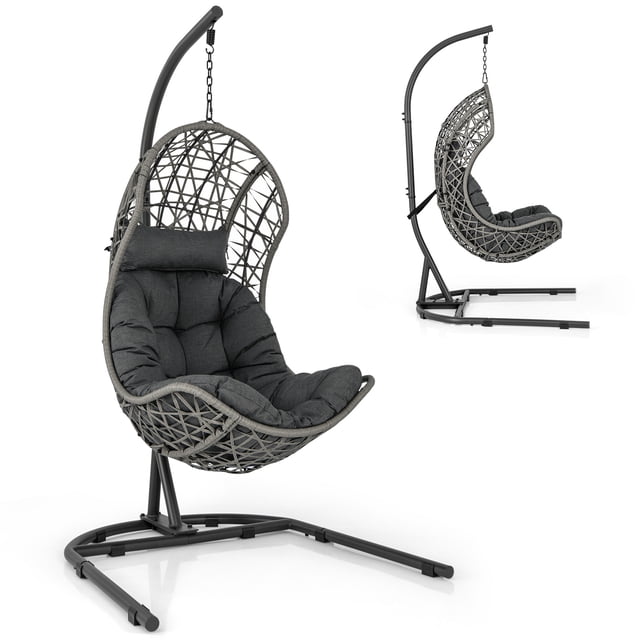 Costway Fauteuil Oeuf avec Coussin de Support et Accessoires de Suspension pour Salon. Ce Fauteuil Oeuf Suspendu Gris Présente un Panier en Rotin PE Tressé à la Main Soutenu par un Support en Métal Robuste avec une base Triangulaire et des Patins Antidérapants pour la Stabilité. le Fauteuil Comprend un Coussin Ultra Doux et un Oreiller avec Attaches de Fixation pour Empêcher de Glisser, Offrant du Confort pour Se Détendre Ou Lire. la Chaîne de Suspension Réglable et les Accessoires Inclus, Tels Qu'un Crochet à Ressort en Forme de S et un Mousqueton, Assurent une Installation Facile. Convient à une Utilisation Intérieure et Extérieure,