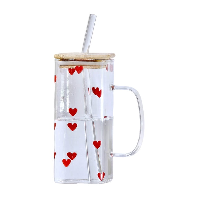 WIFKLSIIPG Heat Glass Cup with Straw 400ML Suitable for Cold Drinks Juice Milk Including Lid Glass Texture Suitable for Various Beverages