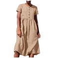 thumbnail image 1 of QIPOPIQ Robes pour Femmes Robe Midi à Étages Manches Courtes Nouvelle Allure Élégante Couleur Robe d'Été Boutonnée Ample Robe en Coton et Lin Offres 2023, 1 of 6