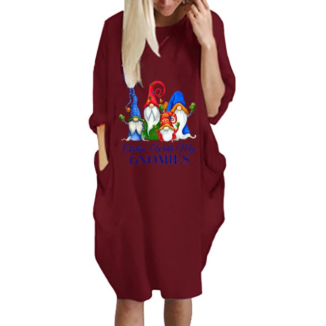 LSLJS The Fashion Women's Winter Plus Size Loose Pocket Christmas Printed Dress