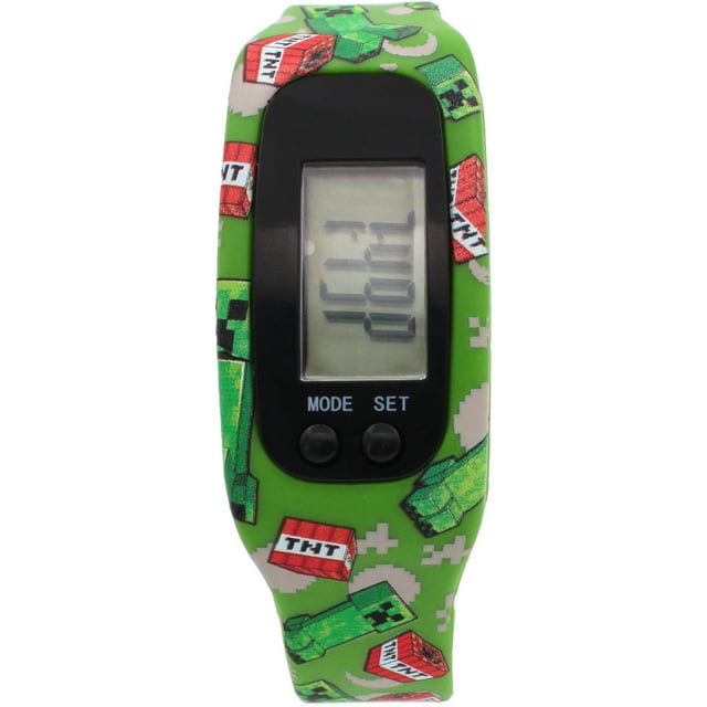 Minecraft Activity Tracker Watch front-facing rectangular LCD display with black adjustable silicone band and visible MODE and SET buttons, built-in pedometer, distance tracker and calorie counter for kids and casual activity monitoring.