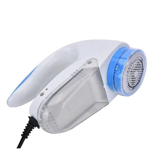 WIFKLSIIPG Hairball Trimmer Household High Power Shaver featuring a compact, ergonomic design with a white body and blue accents. The device includes a transparent lint collection compartment and a perforated shaving head for efficient removal of fabric fuzz and lint. Suitable for use on sweaters, knitwear, and other cotton wool materials. Ideal for maintaining the texture of fabrics while gently removing fluff.