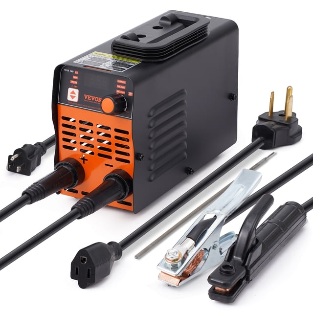 VEVOR Bâton d'Arc Welder 110V 100A Bâton/levée TIG Machine de Soudage 2-en-1 au design compact Noir et orange. Comprend un Porte-Électrode, une Pince à Terre, une Tige de Soudage et des Câbles d'Alimentation. Comprend un Affichage Numérique, un Bouton pour des Réglages Précis et une Technologie Antiadhésive. Portable et Adapté au Soudage d'Acier Inoxydable, d'Acier Doux et d'Autres Métaux.