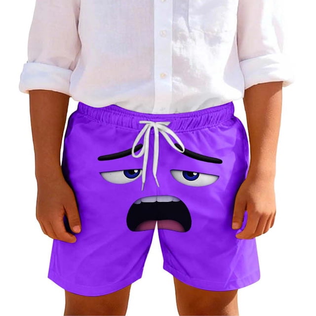 Wo-Fusoul Swim Trunks for Boys and Girls, 5-14 Years, Solid Color with Cute Expression Print, Breathable Summer Shorts with Pockets for Beach, Home, or Pool