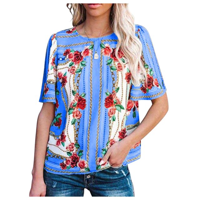 T-shirt à Manches Courtes à Imprimé Floral pour Femmes