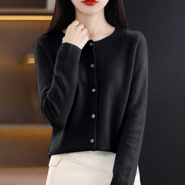 Baberdicy Haut en Tricot Uni pour Femme, Cardigan à Col Rond Ouvert à l'Avant, Cardigan Uni à Col Rond, Chandail en Tricot Décontracté, Haut de Tous les Jours Noir TG