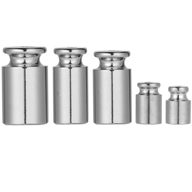 MasteelfCA 1 Set of 5 Pcs Electronic Scale Calibration Weight Steel Digital Scale Balance featuring five chrome-plated steel weights in varying sizes, designed for accurate calibration of digital scales and fish scales. The polished finish ensures durability, and the weights are lightweight and portable, suitable for experiments or home use.
