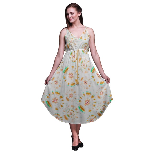 Bimba Tie-Dye Ladies Printed Resort Midi Drawstring Dress Spaghetti Strap Beach Wear-Large